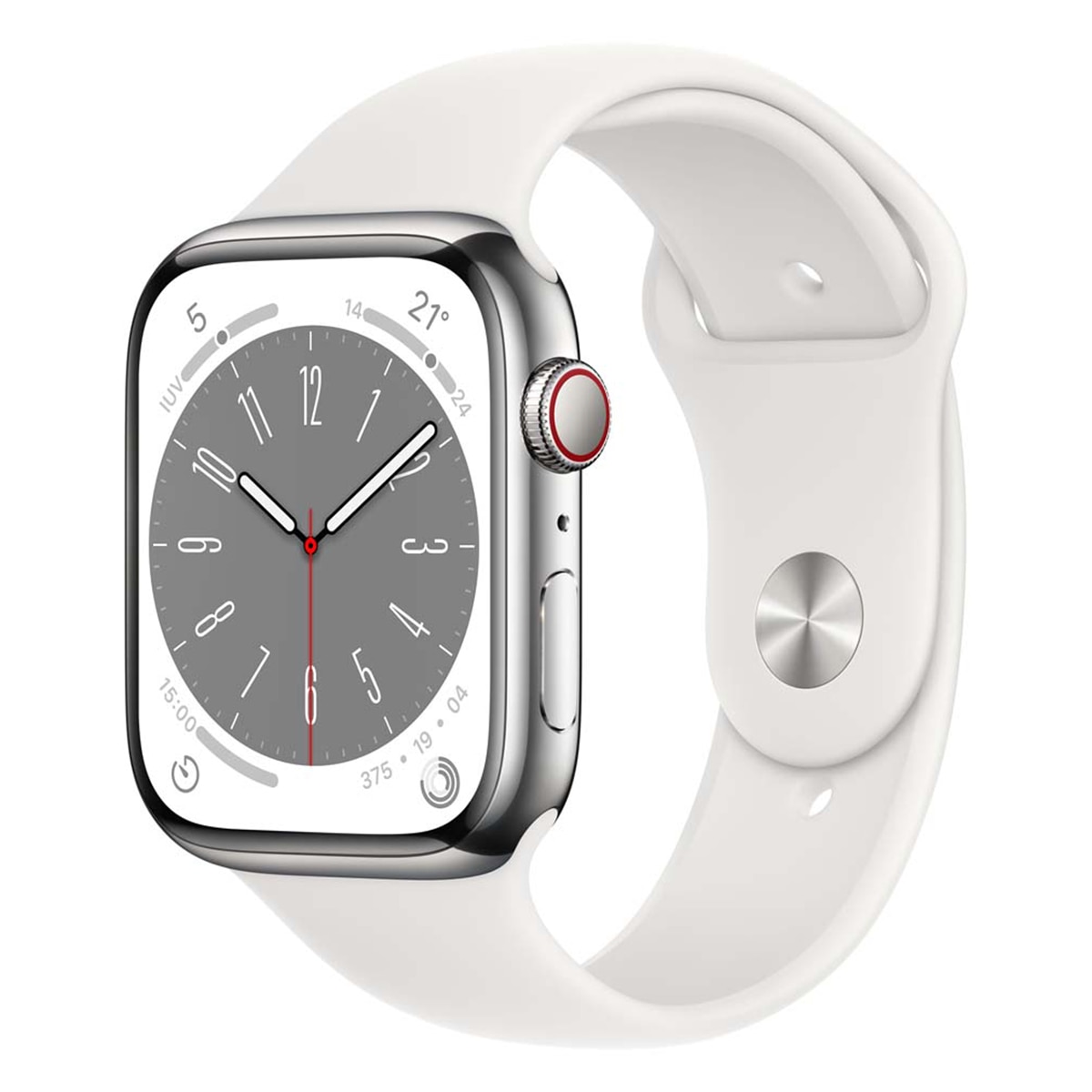 Apple Watch Series 8 GPS + Cellular 45mm con caja de acero inoxidable en plata y correa deportiva blanca Plata-1