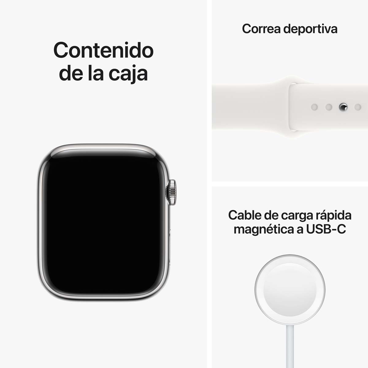 Apple Watch Series 8 GPS + Cellular 45mm con caja de acero inoxidable en plata y correa deportiva blanca Plata-7