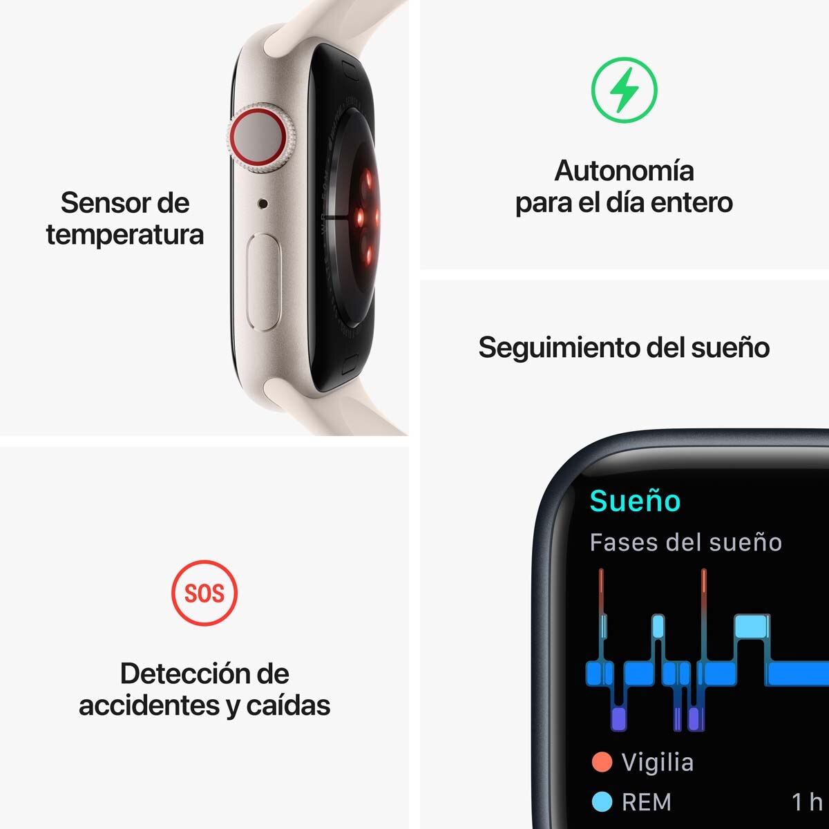 Apple Watch Series 8 GPS + Cellular 45mm con caja de aluminio en plata y correa deportiva blanca Plata-6