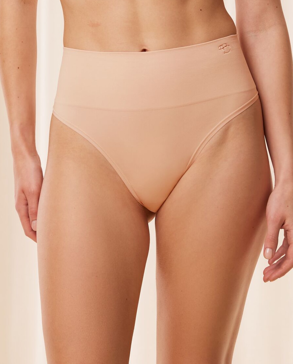 Cinta Tipo Tanga Invisível com Cintura de Controlo Médio Bege-1
