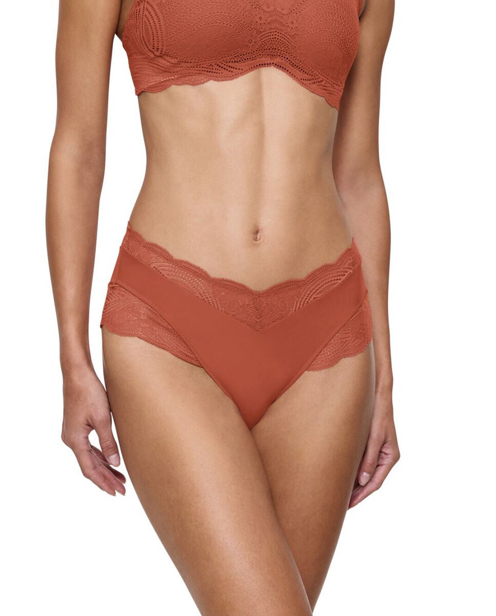 Cueca de Cintura Subida com Detalhes de Renda Elástica Telha-1