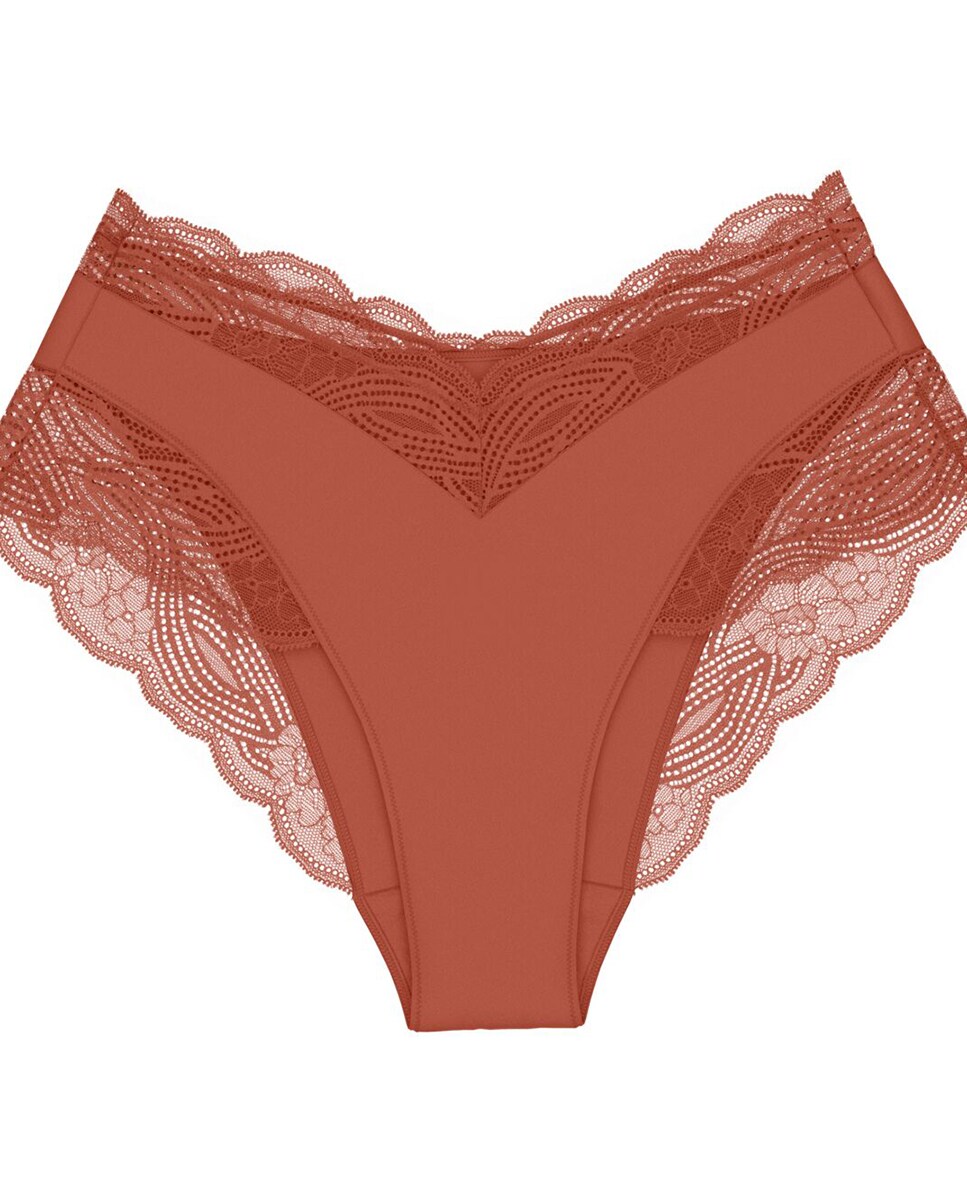 Cueca de Cintura Subida com Detalhes de Renda Elástica Telha-4