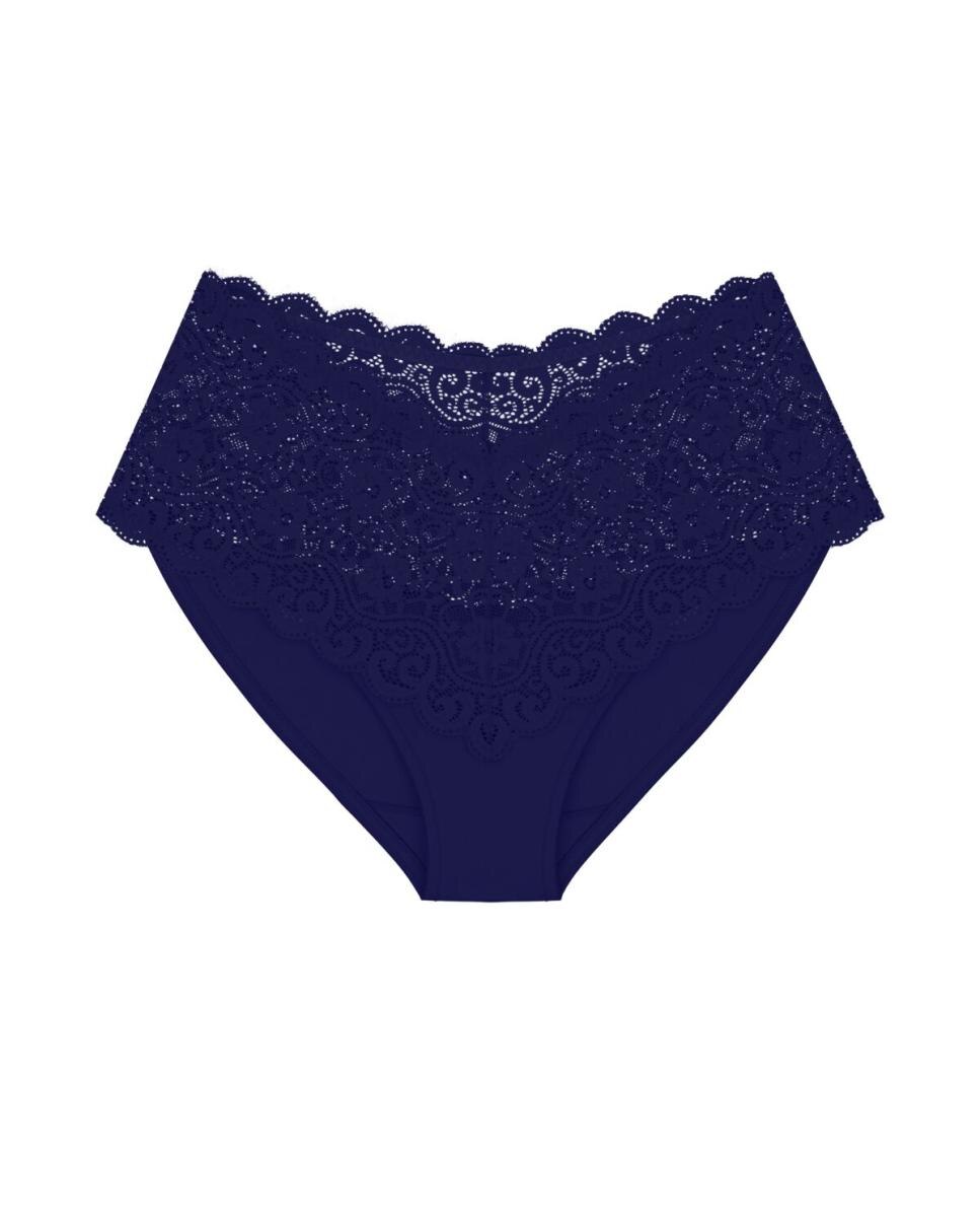 Cueca de Cintura Subida Clássica de Renda Azul-índigo-4