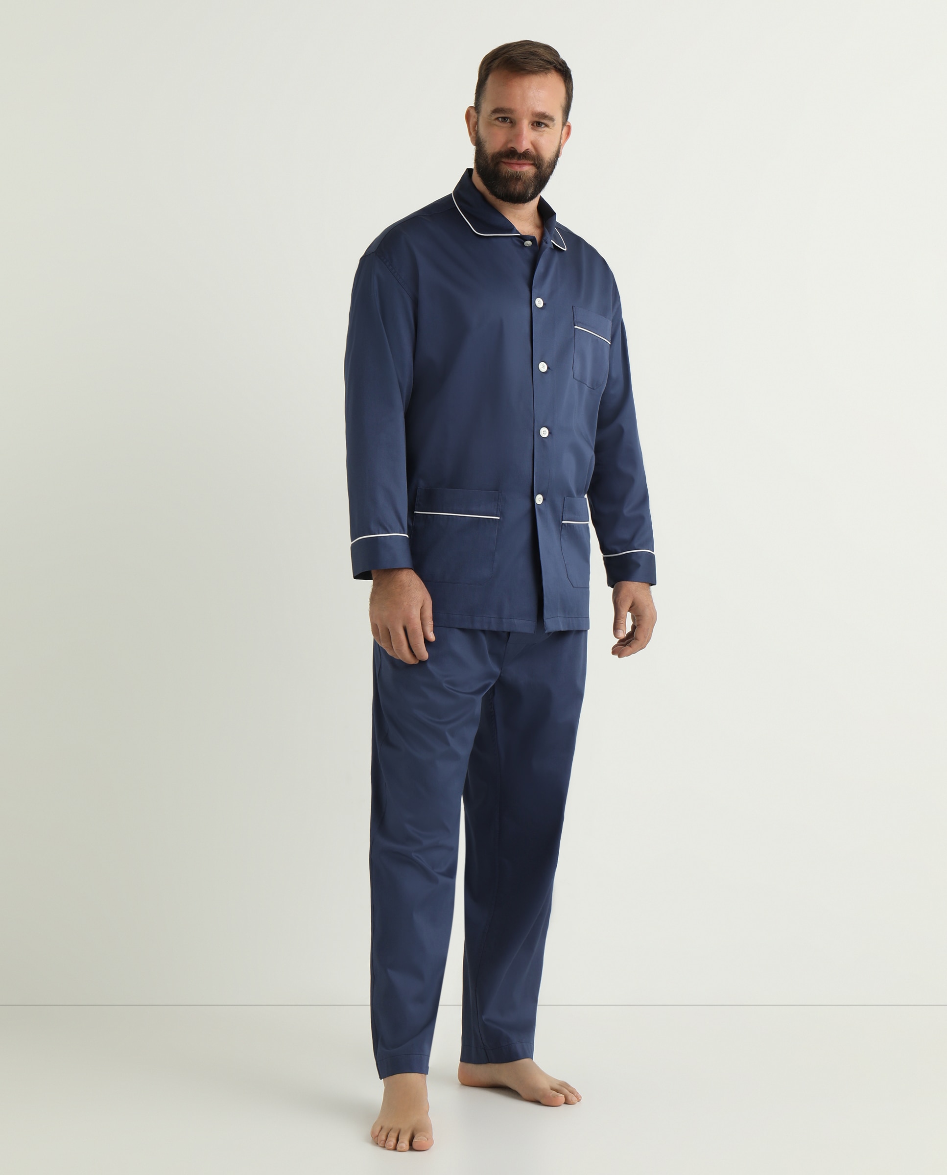 Pijama comprido de homem Mirto de tecido liso azul tamanhos grandes Azul-marinho-1