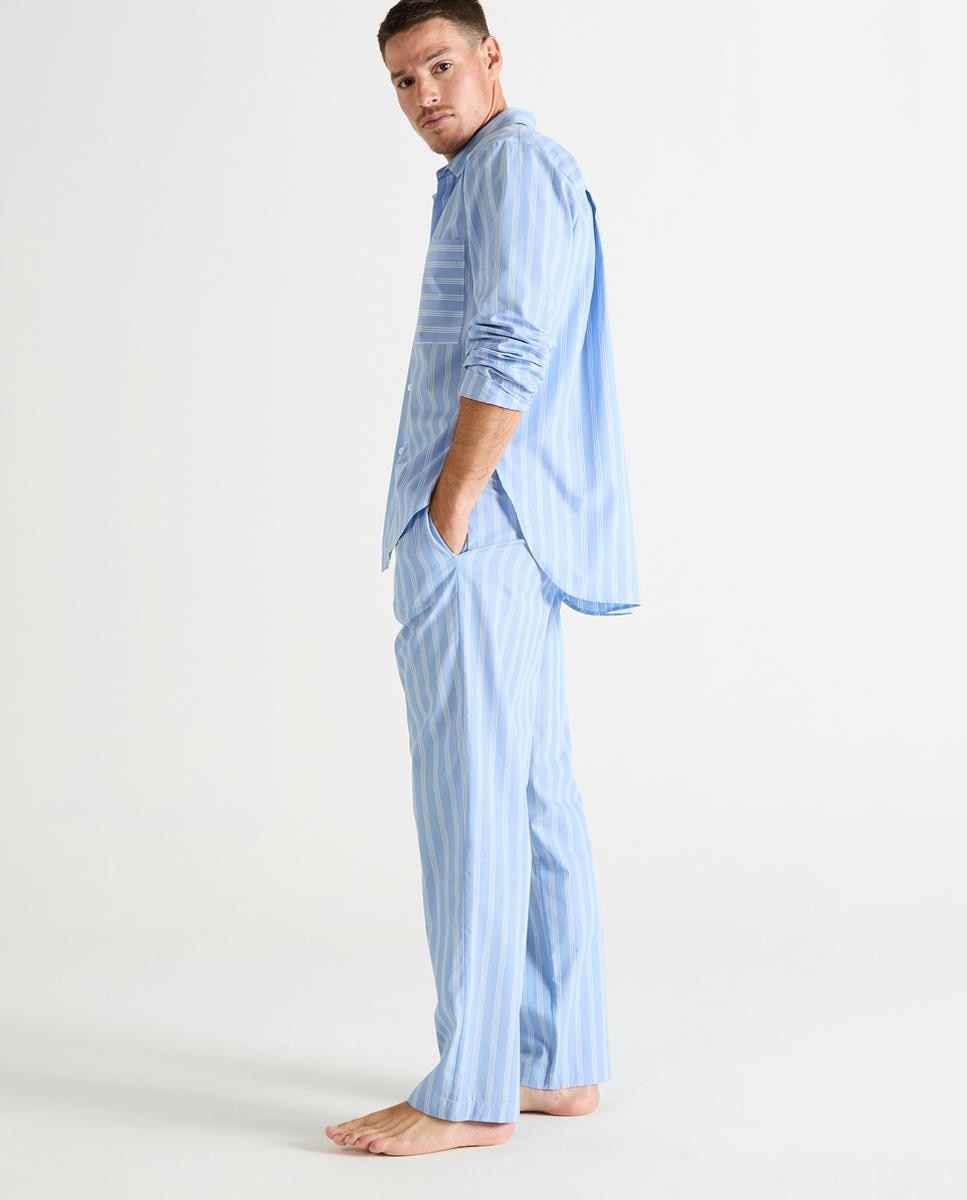 Pijama Comprido de Algodão e Popelina com Manga Comprida e Estampado às Riscas Azul-2