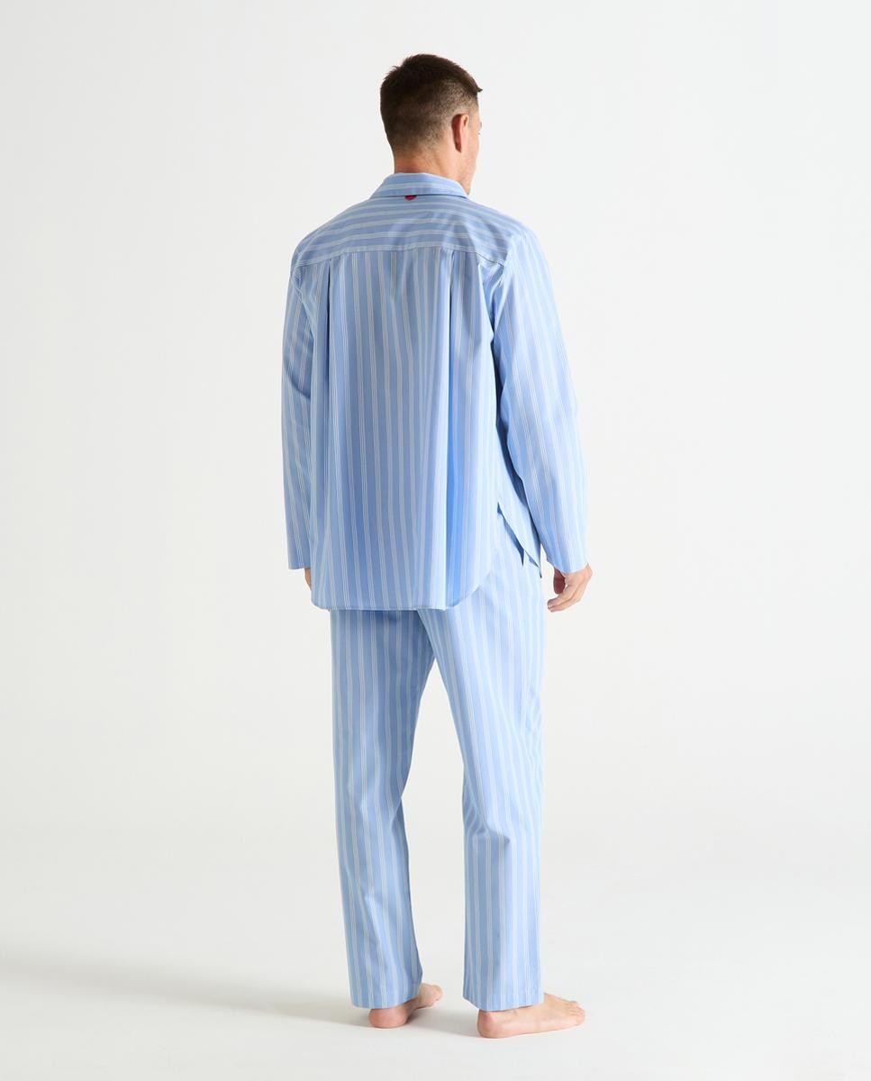 Pijama Comprido de Algodão e Popelina com Manga Comprida e Estampado às Riscas Azul-4