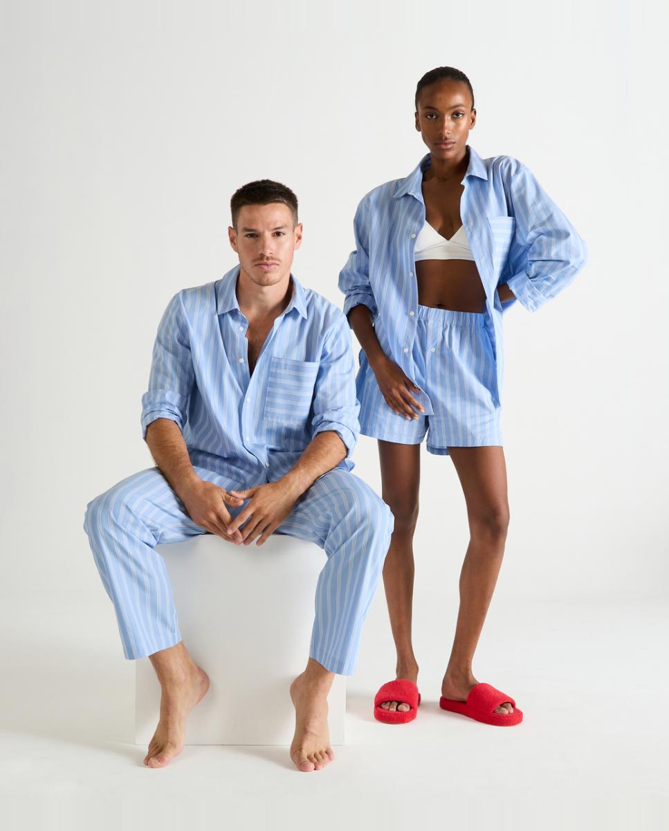 Pijama Comprido de Algodão e Popelina com Manga Comprida e Estampado às Riscas Azul-5