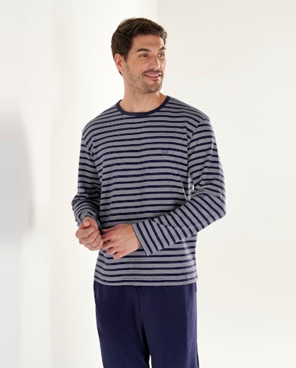 Pijama de Malha Comprido de Algodão às Riscas com Gola Redonda Azul-marinho-2
