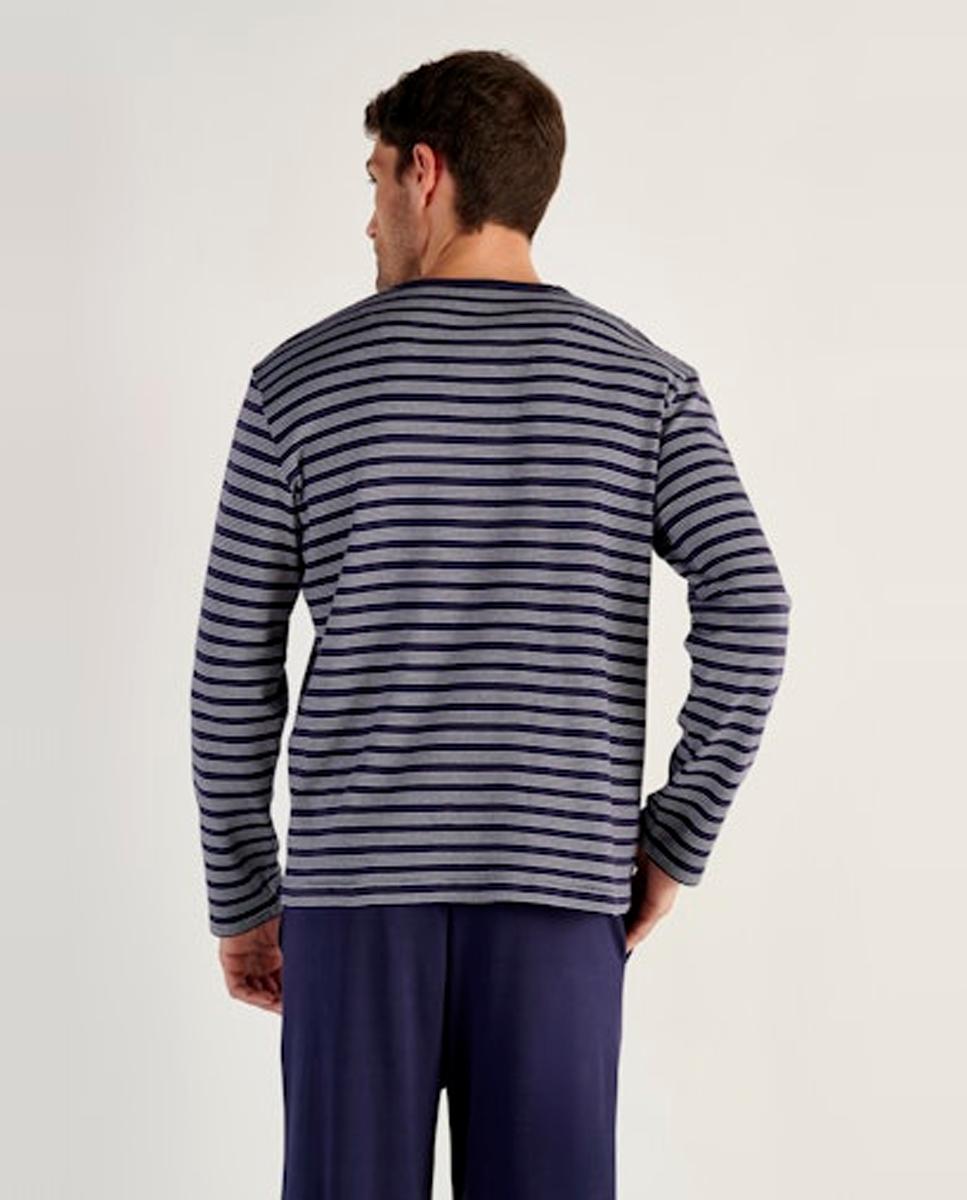 Pijama de Malha Comprido de Algodão às Riscas com Gola Redonda Azul-marinho-3