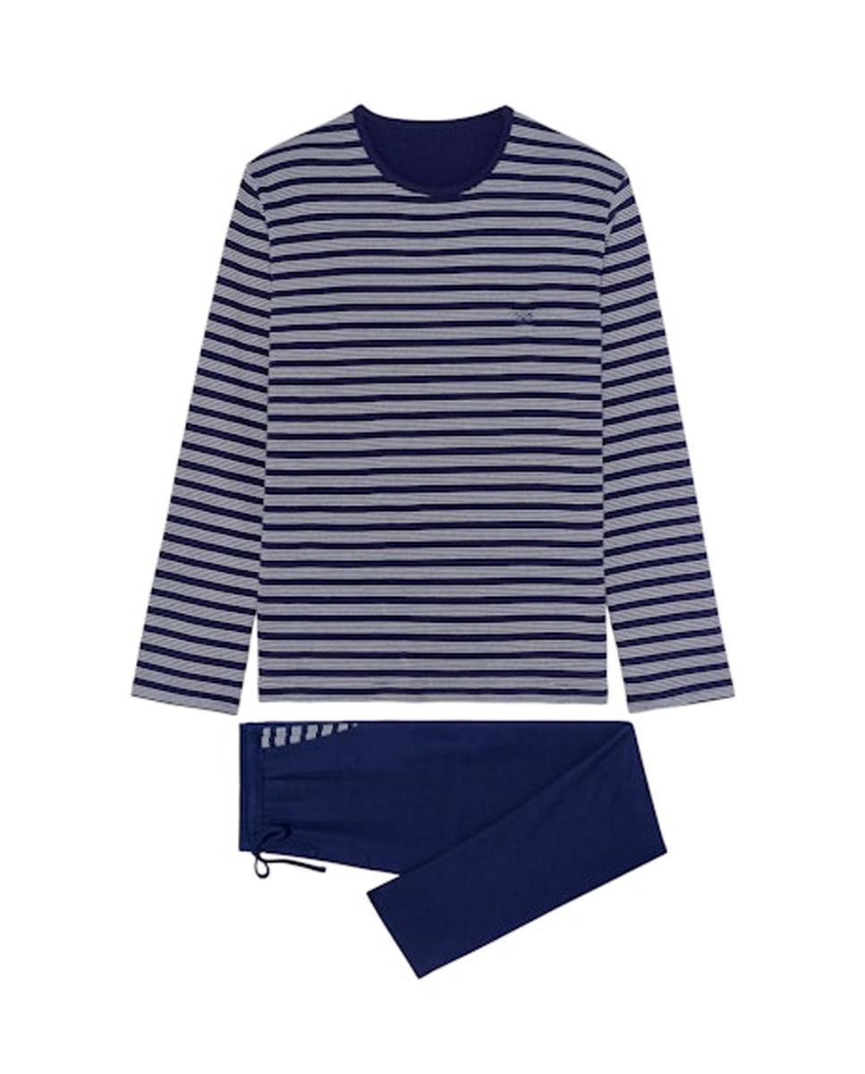 Pijama de Malha Comprido de Algodão às Riscas com Gola Redonda Azul-marinho-6