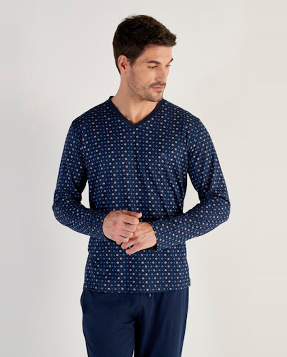Pijama de Malha de Algodão Comprido às Bolinhas com Gola em Bico Azul-marinho-2