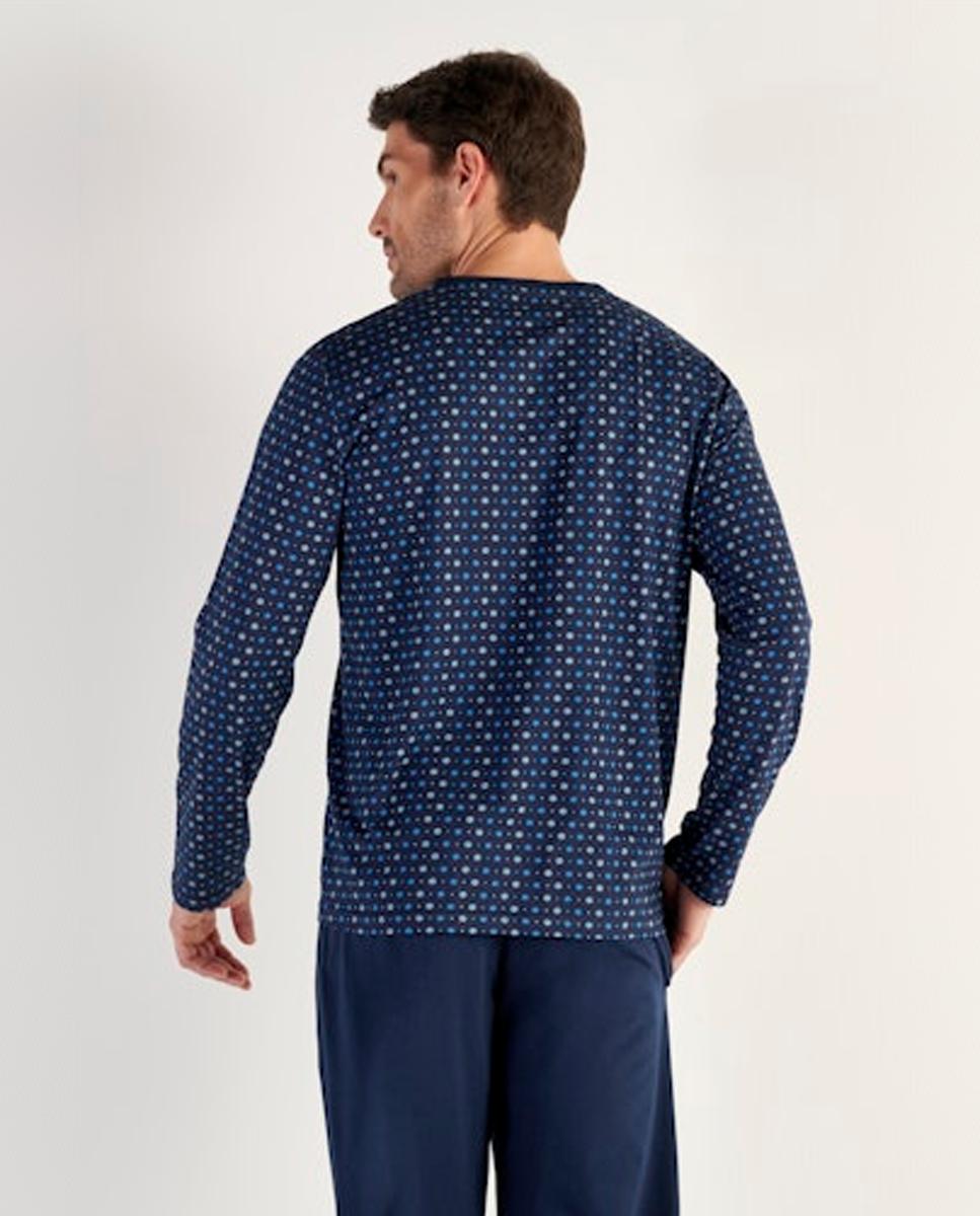 Pijama de Malha de Algodão Comprido às Bolinhas com Gola em Bico Azul-marinho-3