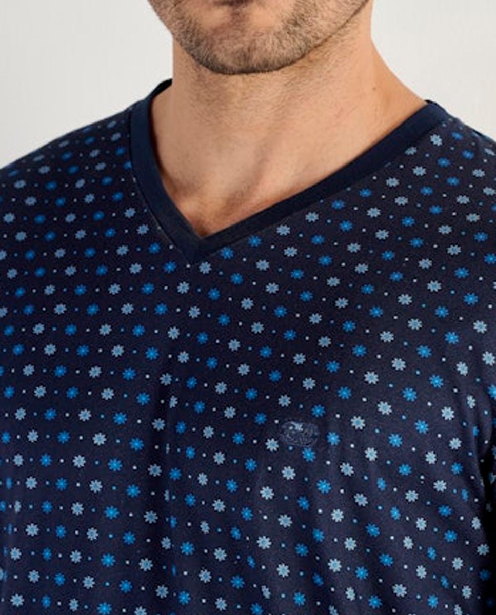 Pijama de Malha de Algodão Comprido às Bolinhas com Gola em Bico Azul-marinho-4