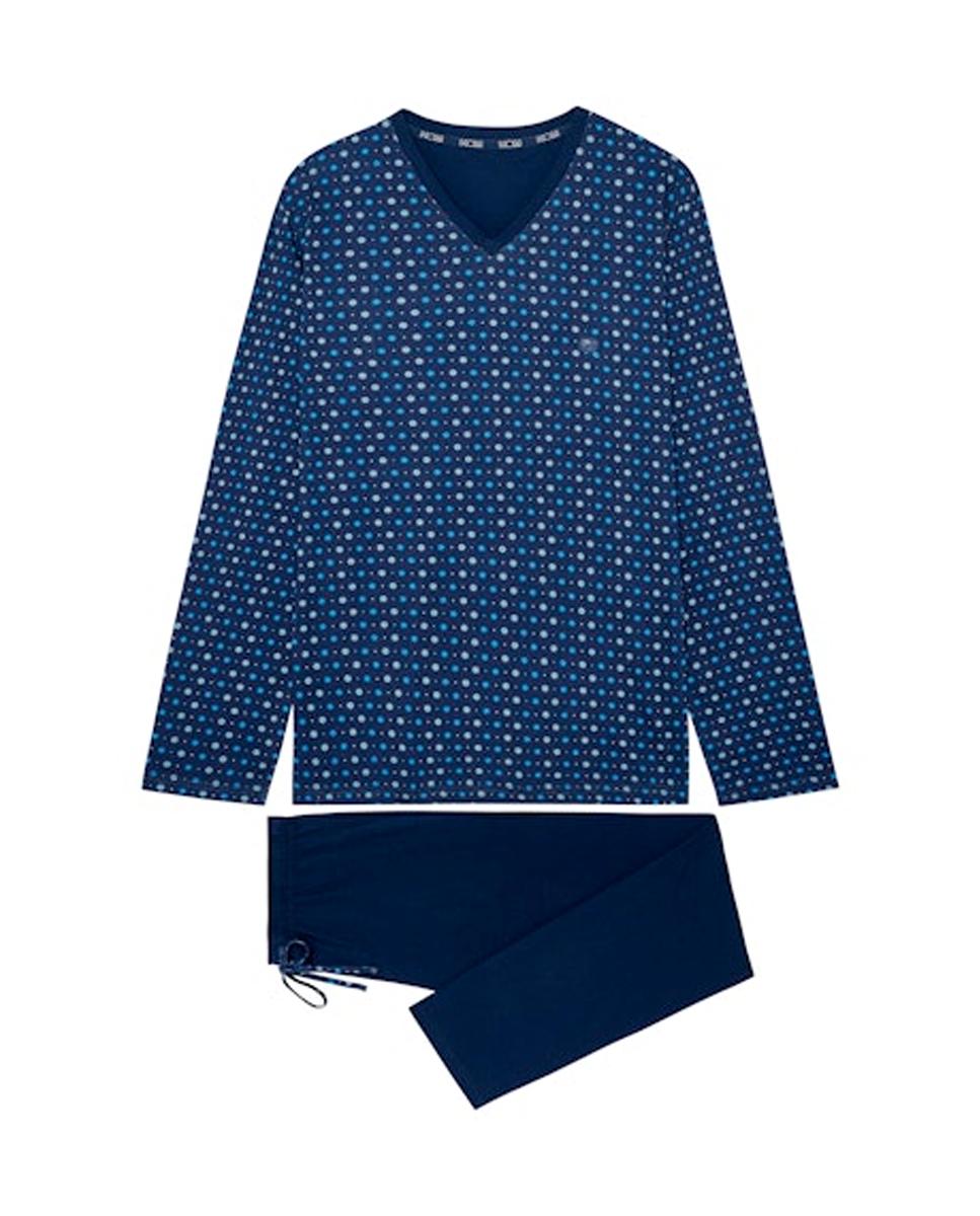 Pijama de Malha de Algodão Comprido às Bolinhas com Gola em Bico Azul-marinho-6