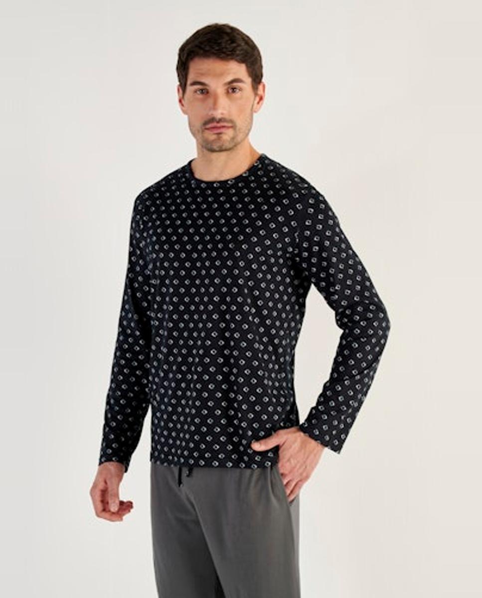 Pijama de Malha Comprido de Algodão com Gola Redonda e Estampado Preto-2