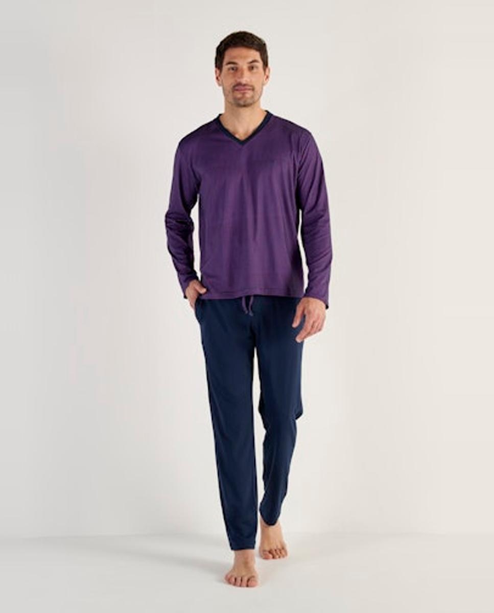 Imagem 0 de Pijama de Malha de Algodão e Modal Comprido com Gola em Bico e Estampado