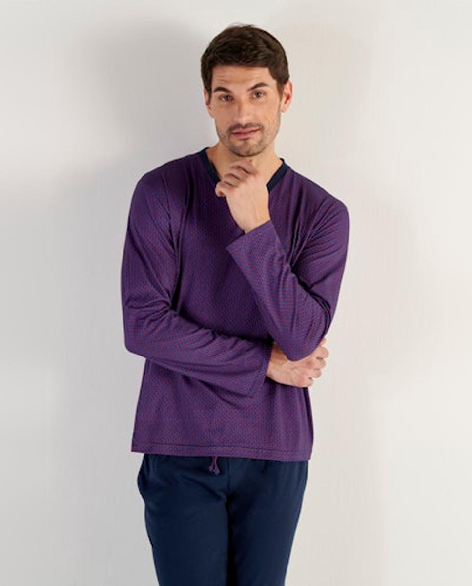 Pijama de Malha de Algodão e Modal Comprido com Gola em Bico e Estampado Bordeaux-2