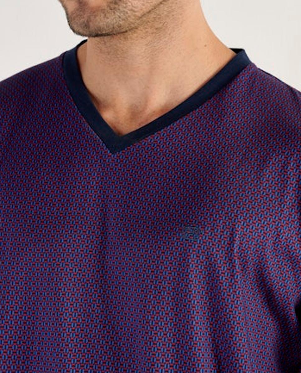 Pijama de Malha de Algodão e Modal Comprido com Gola em Bico e Estampado Bordeaux-4