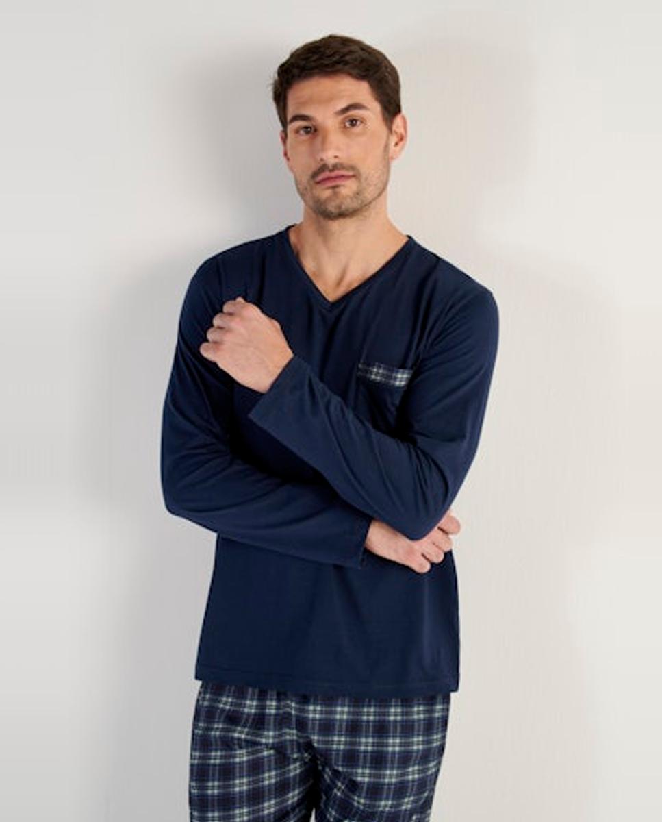 Pijama de Malha Comprido de Algodão aos Quadrados com Gola em Bico Azul-marinho-2
