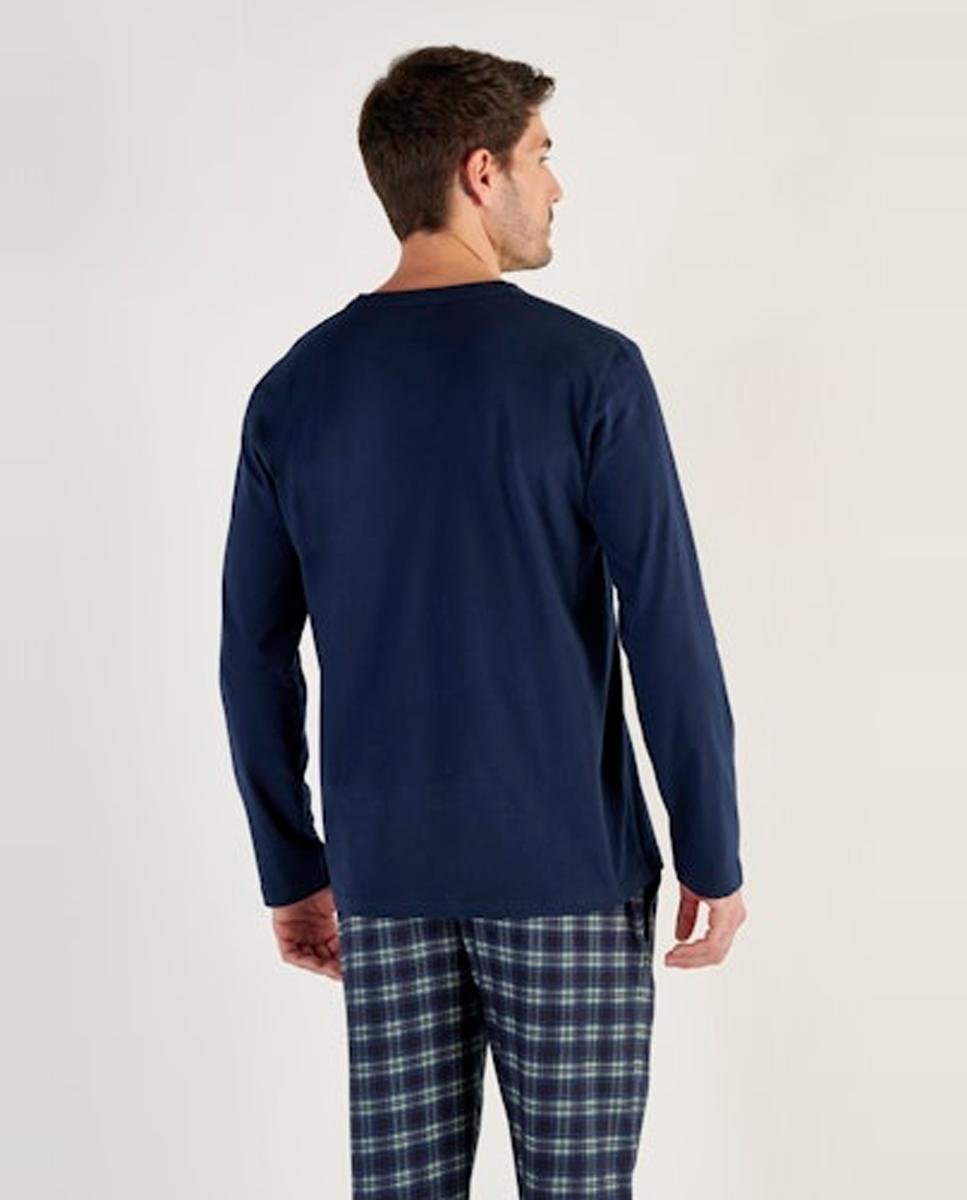 Pijama de Malha Comprido de Algodão aos Quadrados com Gola em Bico Azul-marinho-3