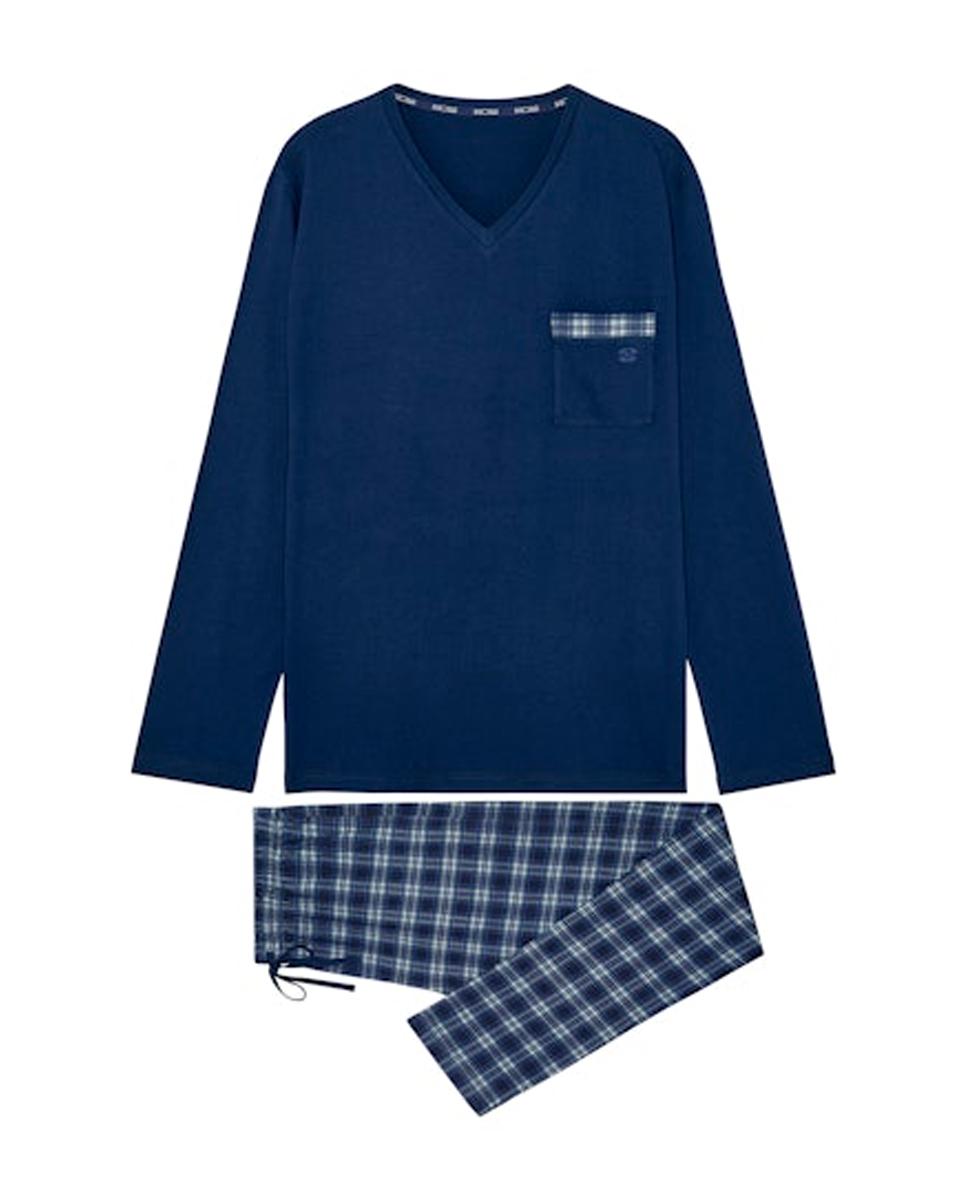 Pijama de Malha Comprido de Algodão aos Quadrados com Gola em Bico Azul-marinho-6