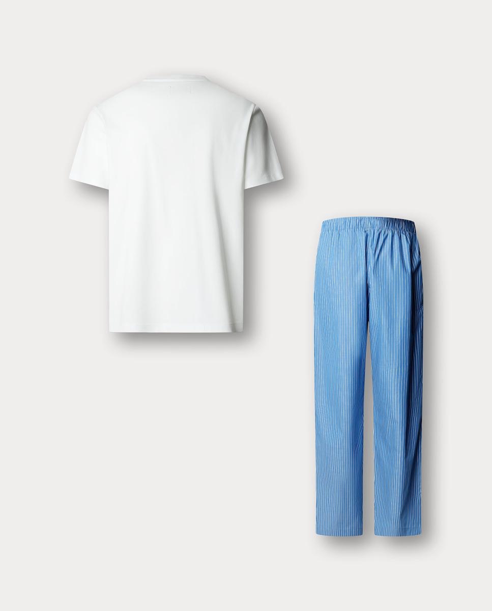 Conjunto de Pijama de Algodão com Calças às Riscas Azul-2