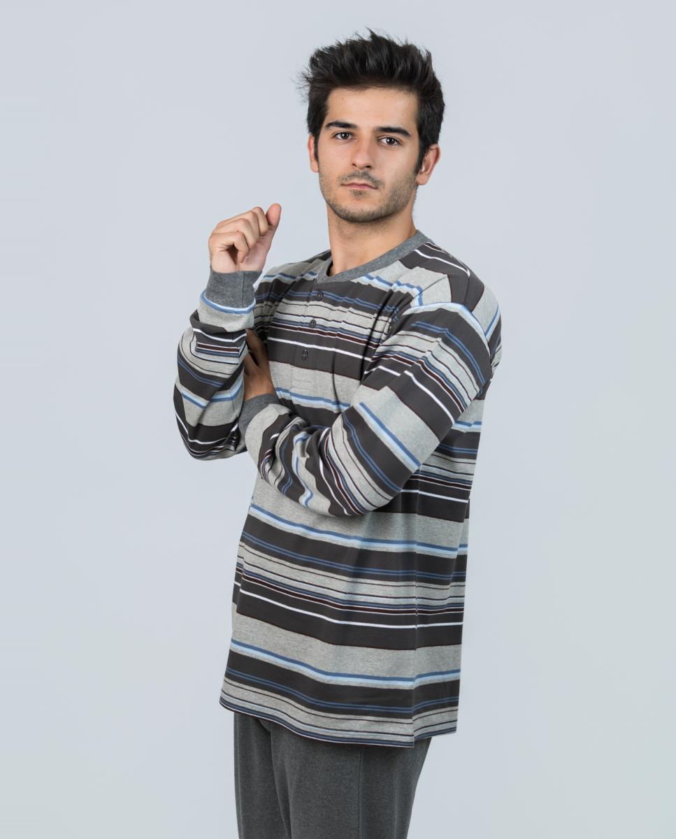 Pijama largo de hombre de Interlock con rayas en color antracita - Babelo - Gris oscuro Gris oscuro-2