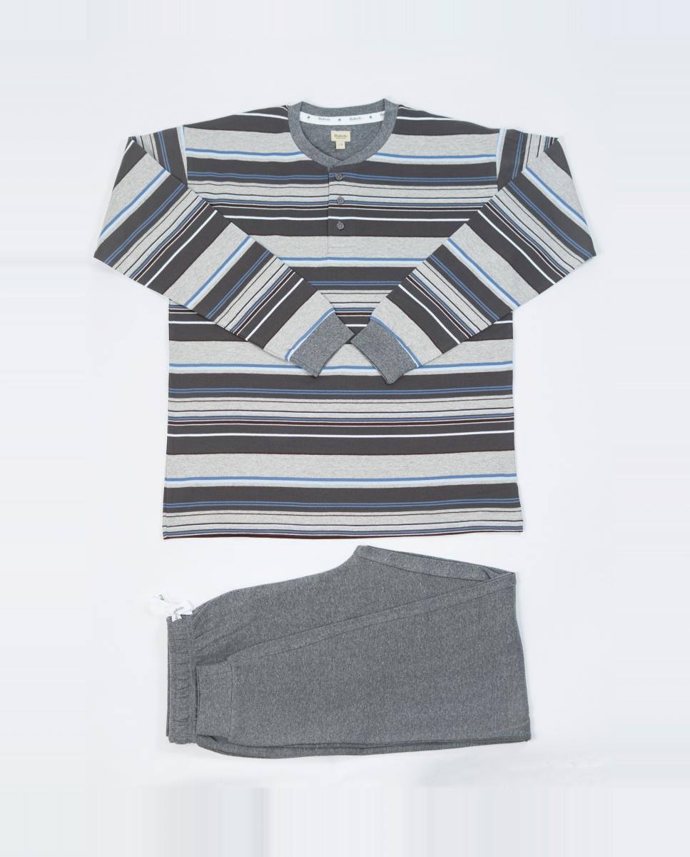 Pijama largo de hombre de Interlock con rayas en color antracita - Babelo - Gris oscuro Gris oscuro-3