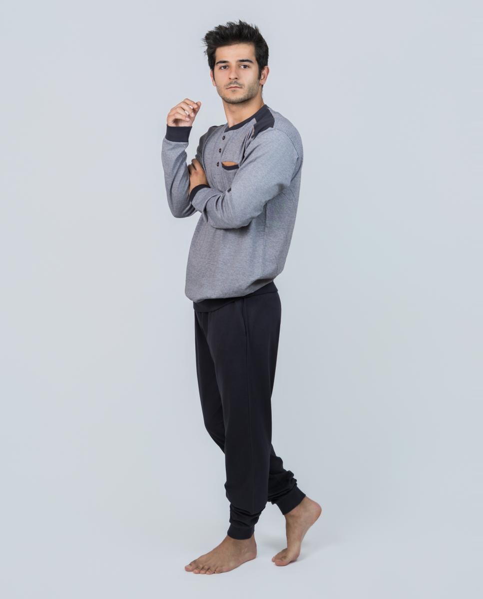 Pijama largo de hombre de punto liso de rayas en color - Babelo - Azul Azul-2
