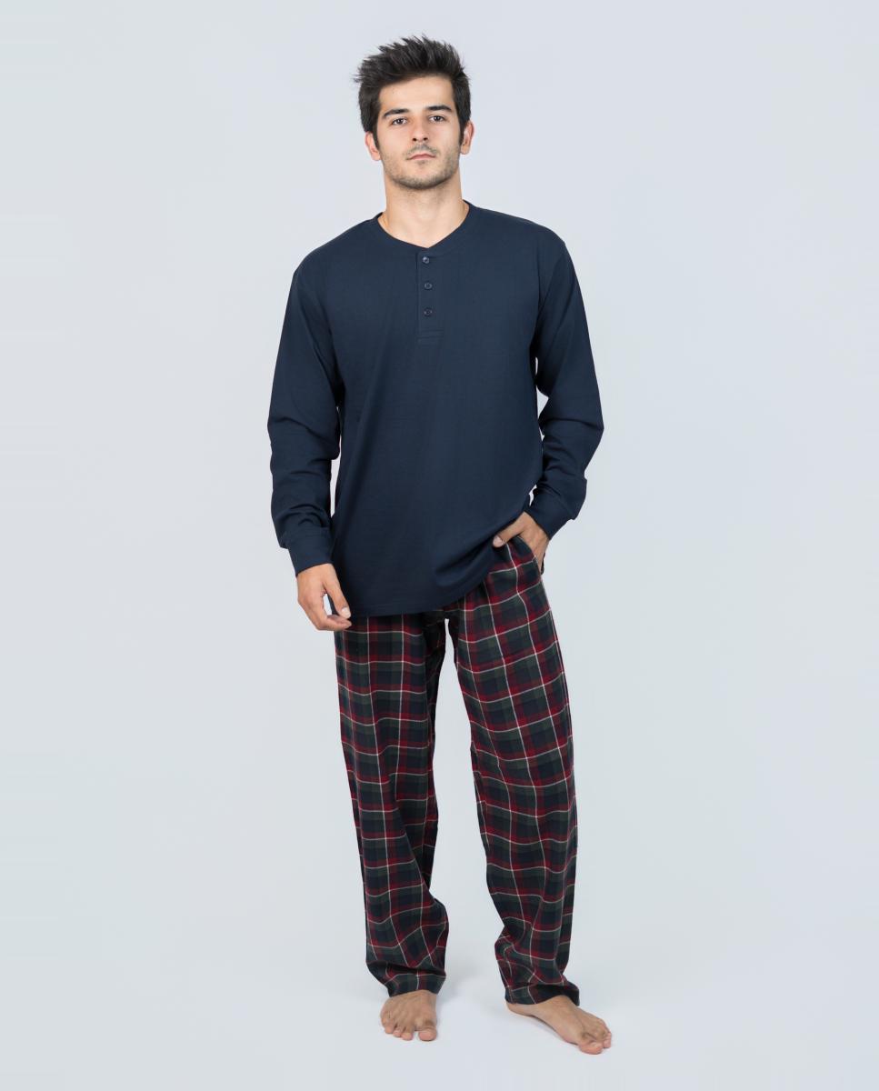 Imagen 0 de Pijama largo de hombre de punto liso-pantalón popelín color marino Burdeos
