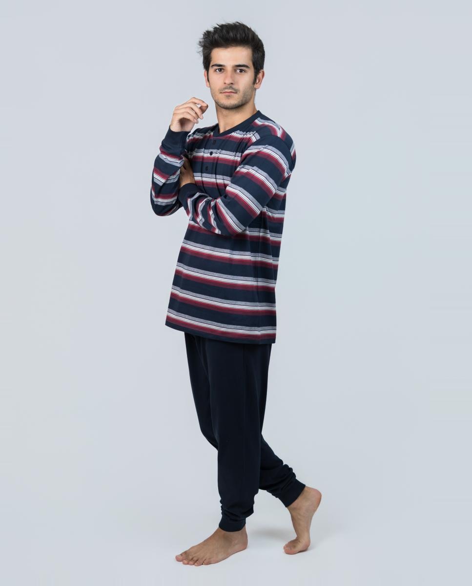 Imagen 0 de Pijama largo de hombre de punto liso con rayas en color marino-granate Burdeos