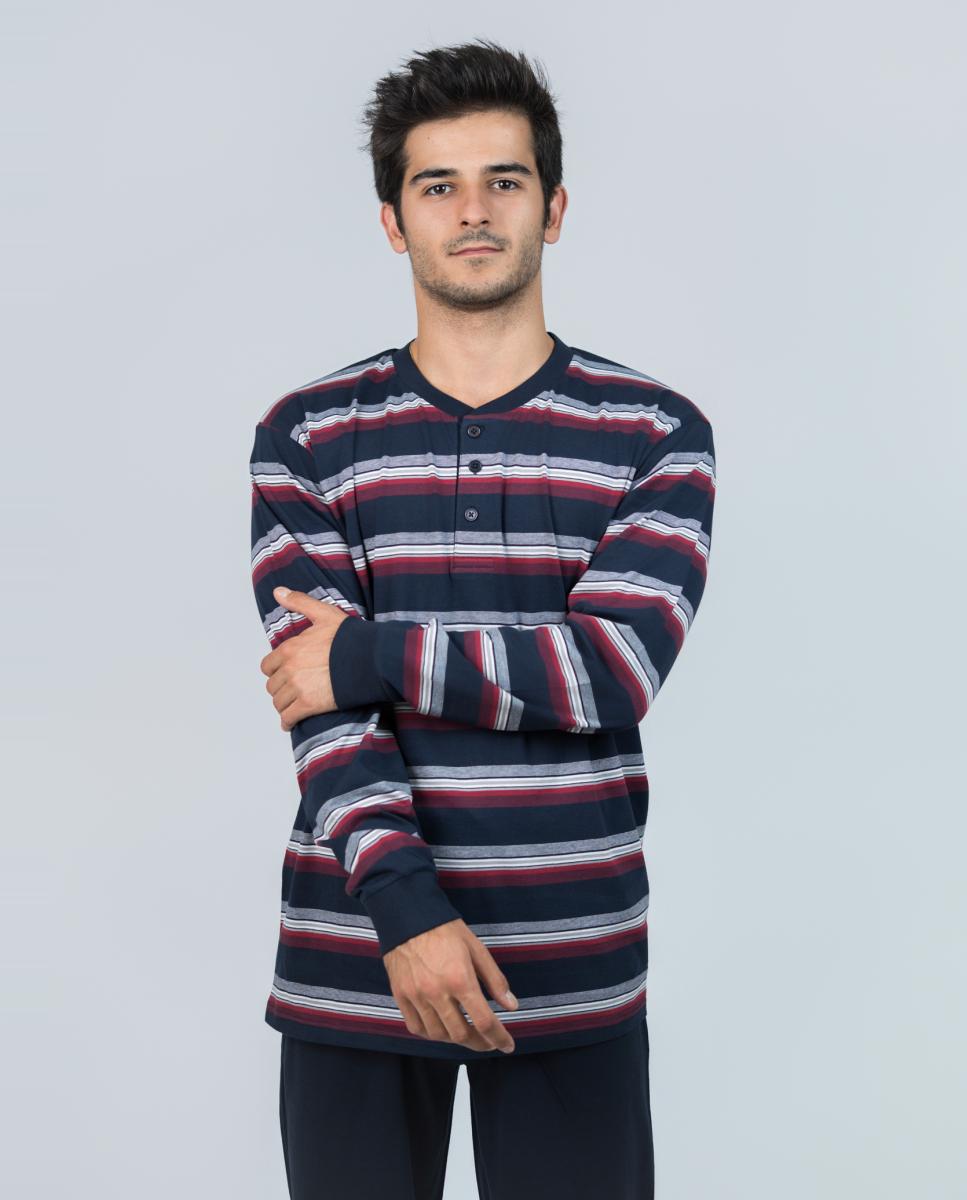 Pijama largo de hombre de punto liso con rayas en color marino-granate - Babelo - Burdeos Burdeos-2