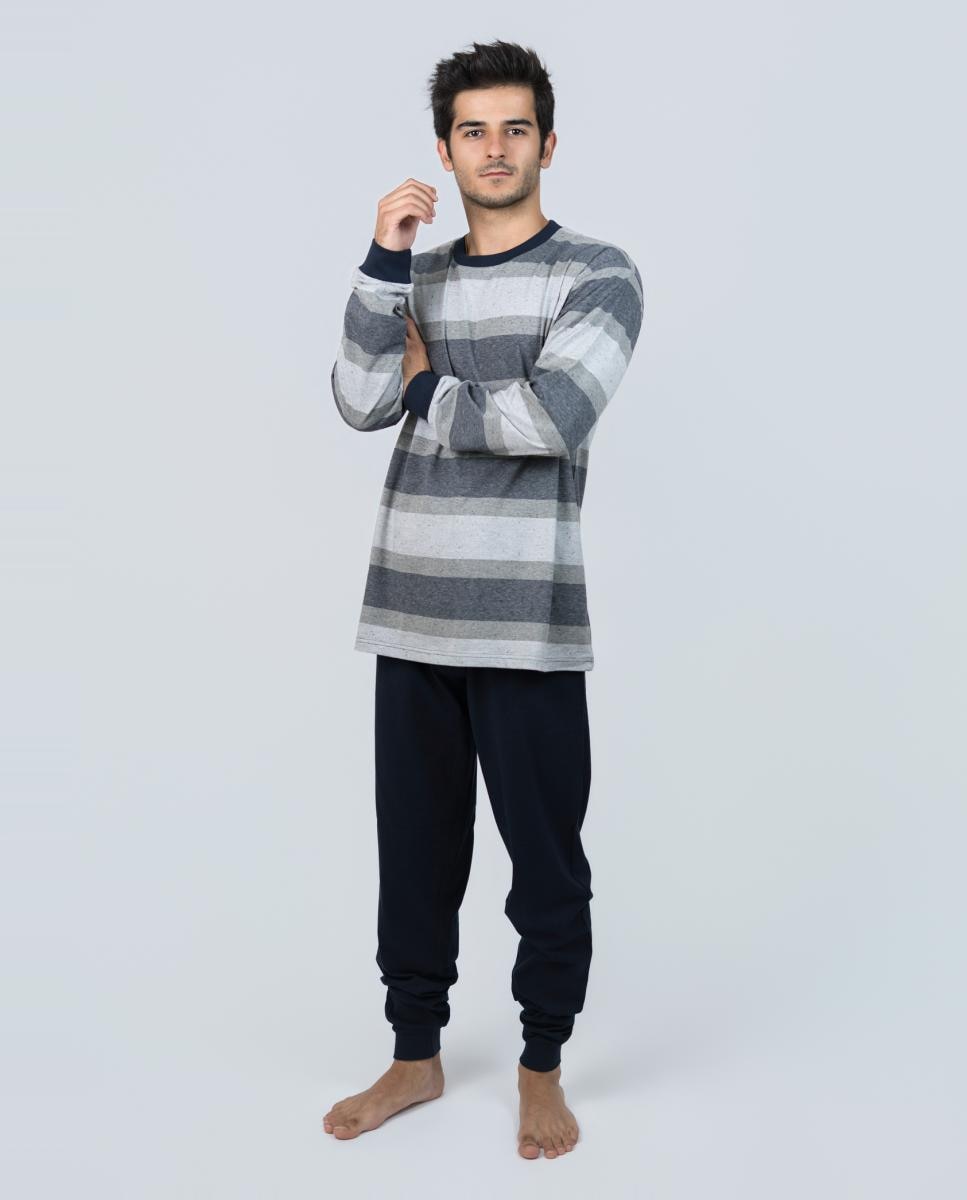 Imagen 0 de Pijama largo de hombre de punto liso en rayas color azul-gris Gris claro