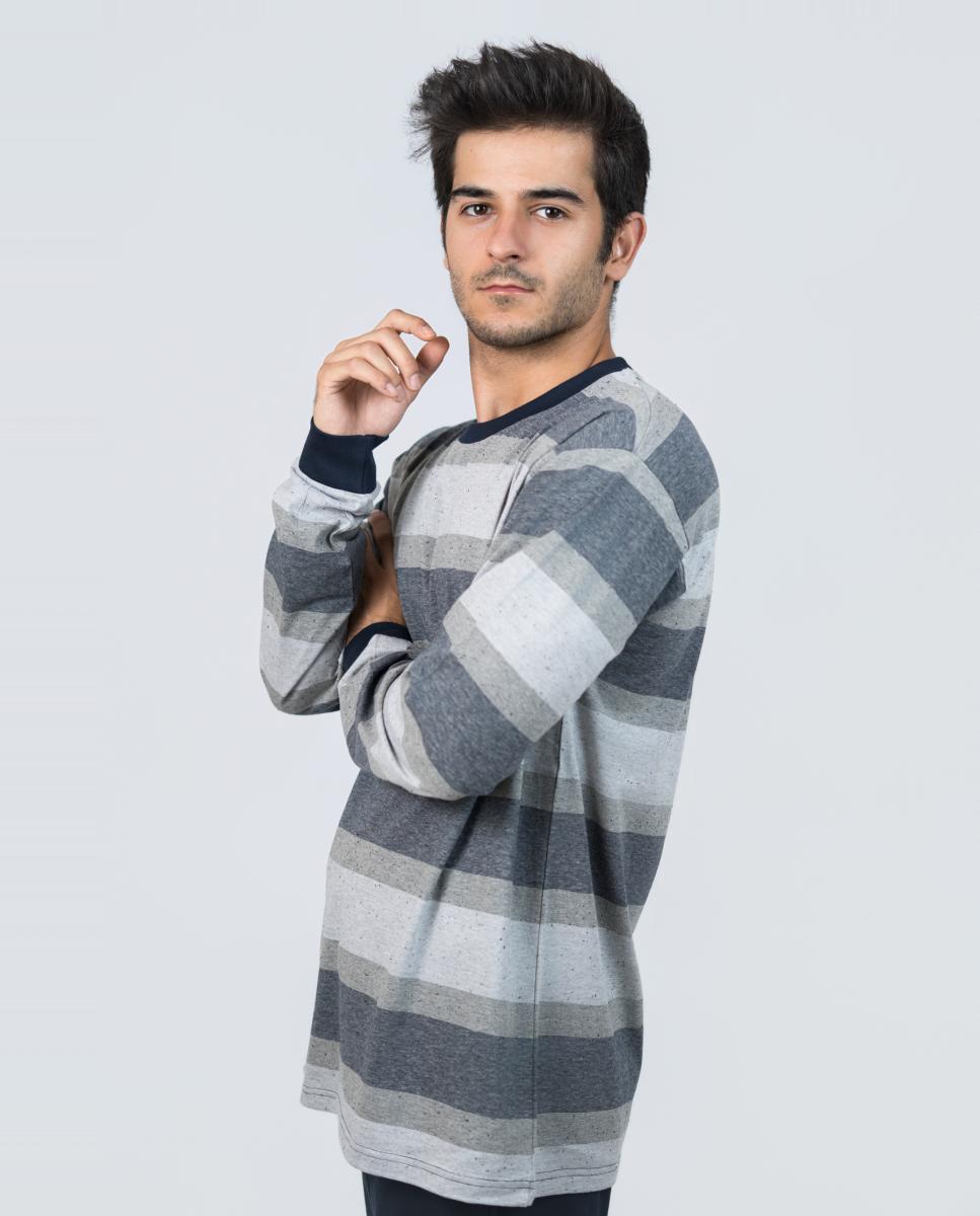 Pijama largo de hombre de punto liso en rayas color azul-gris - Babelo - Gris claro Gris claro-2