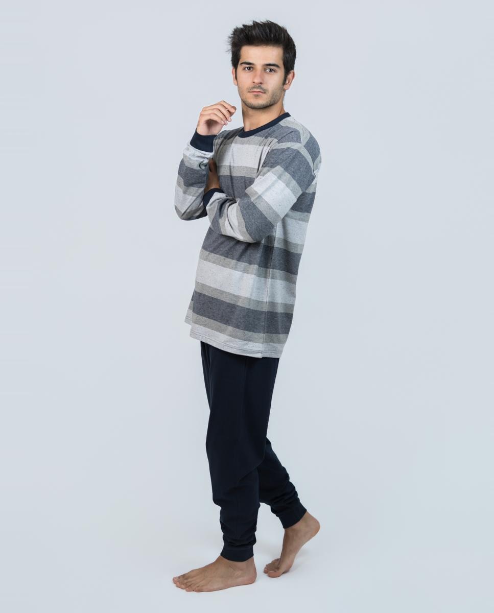 Pijama largo de hombre de punto liso en rayas color azul-gris - Babelo - Gris claro Gris claro-3