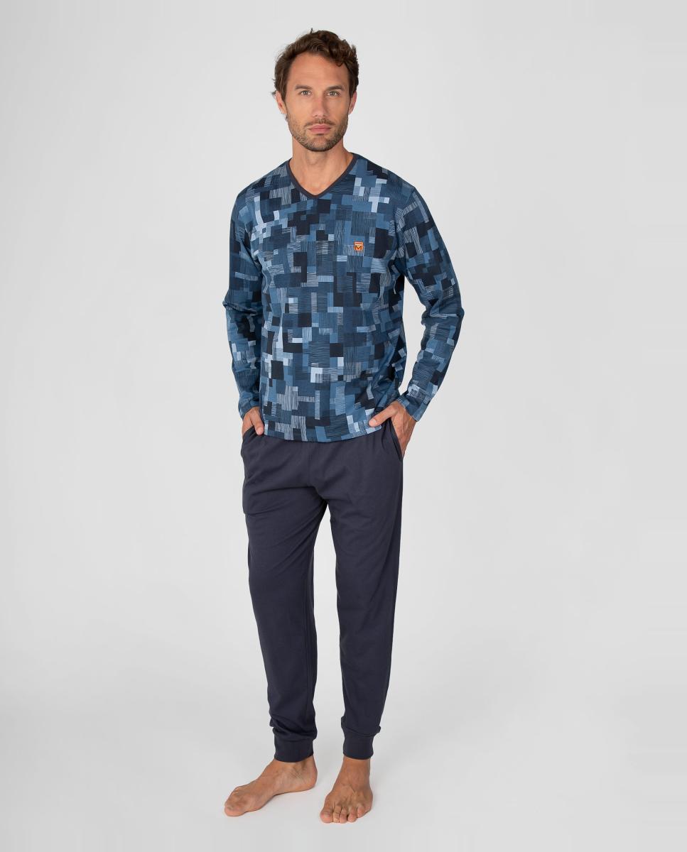 Imagen 0 de Pijama largo de hombre de punto de algodón Azul