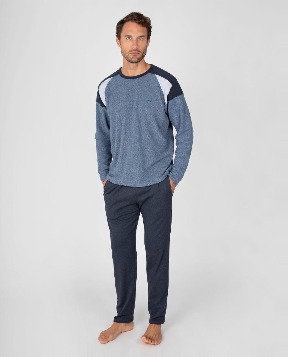 Imagen 0 de Pijama largo de hombre de punto afelpado Azul