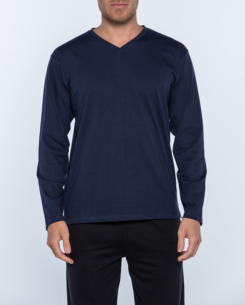 Camisola de Manga Comprida e Gola em Bico Basix Azul-marinho-1
