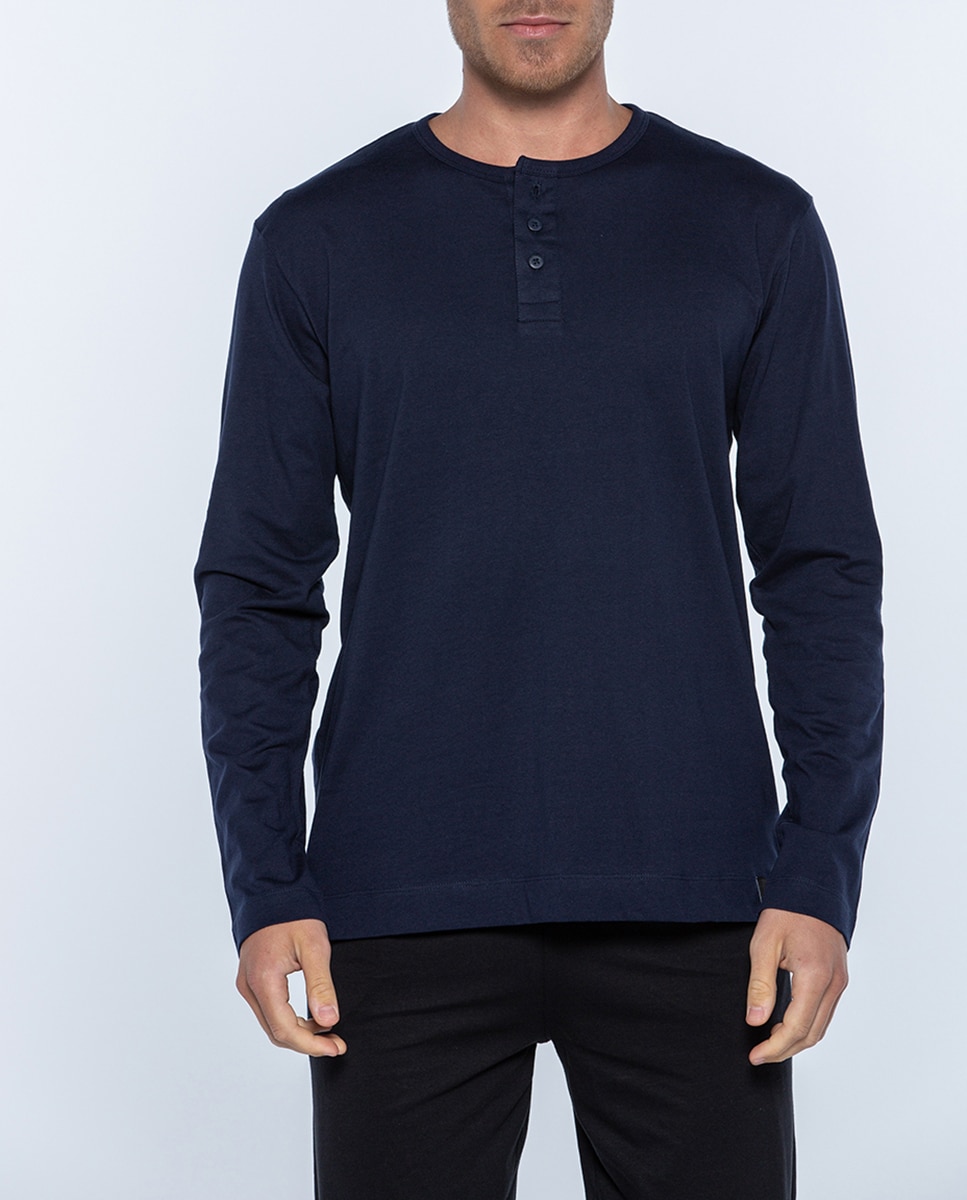 T-shirt de Gola com Botões, Basix Azul-marinho-1