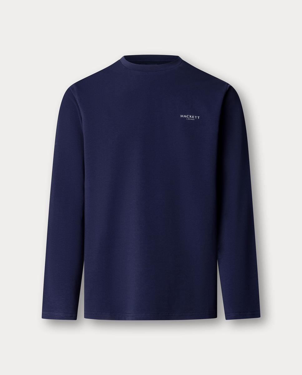 Camiseta de manga larga de algodón elastano de hombre logo pecho. - Hackett - Azul marino Azul marino-1