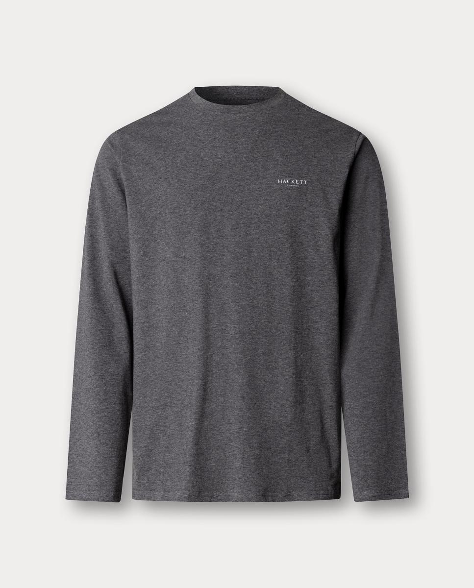 Camiseta de manga larga de algodón elastano de hombre logo pecho. - Hackett - Gris Gris-1