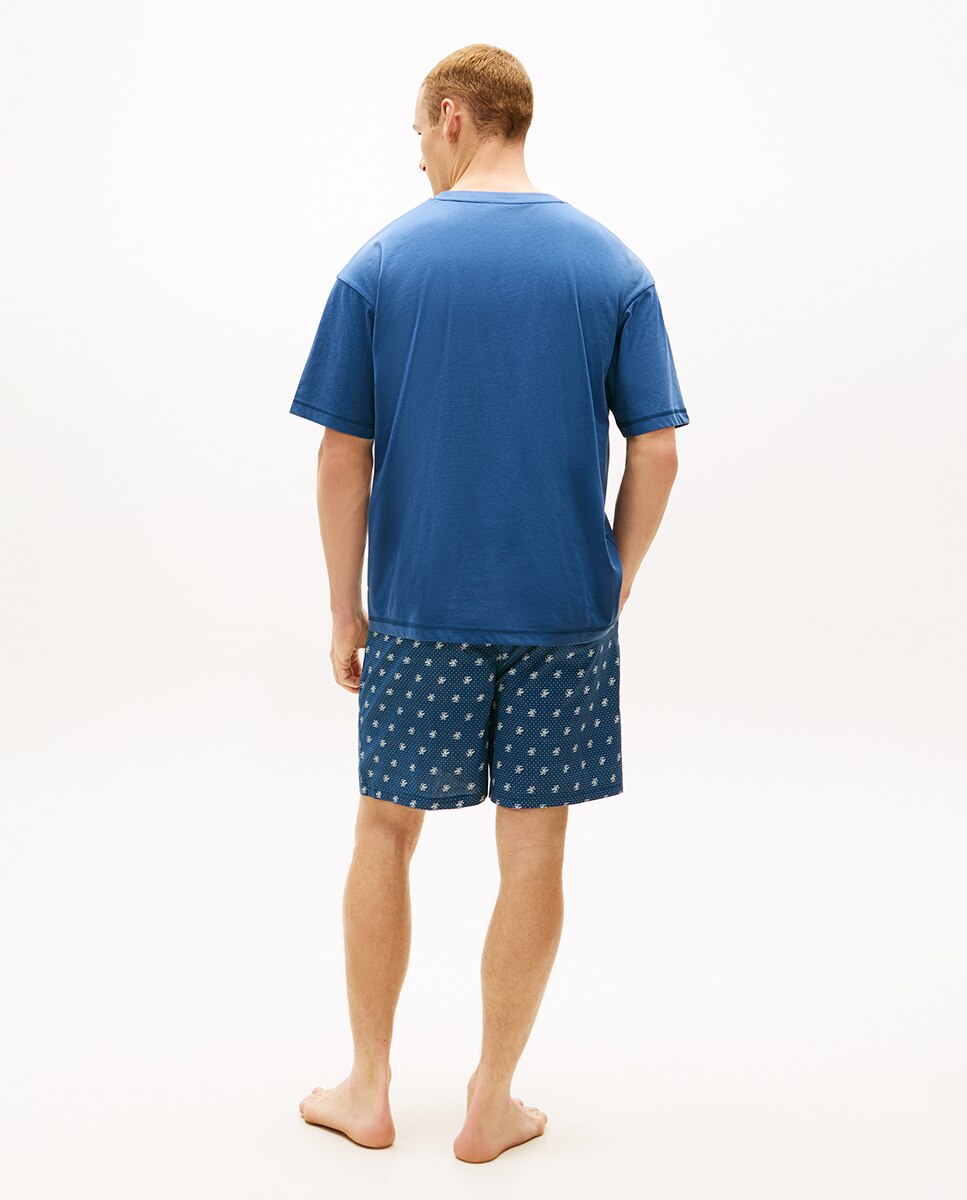 Conjunto de Pijama com T-shirt e Calções de Tecido com Estampado Azul-2