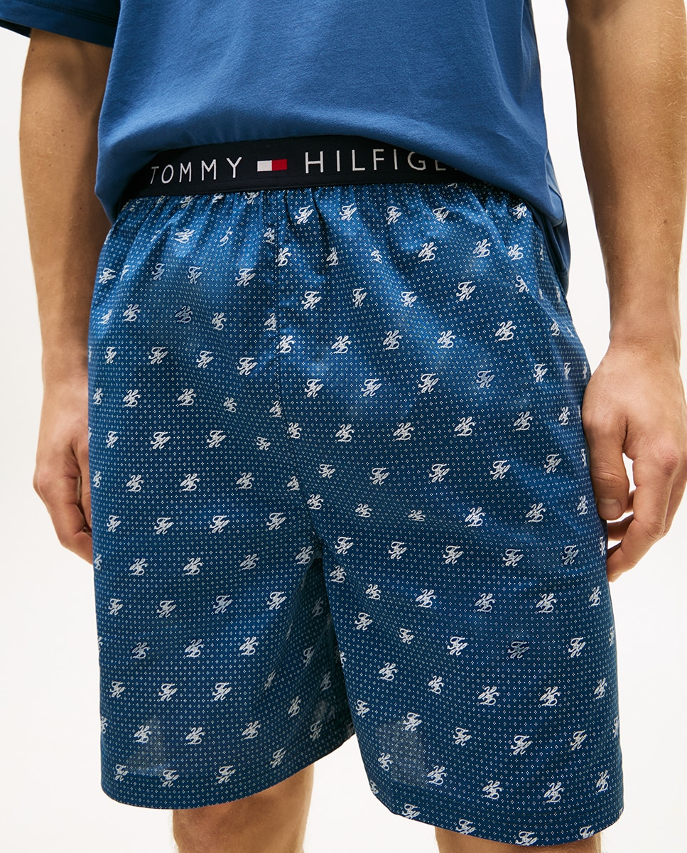 Conjunto de Pijama com T-shirt e Calções de Tecido com Estampado Azul-4