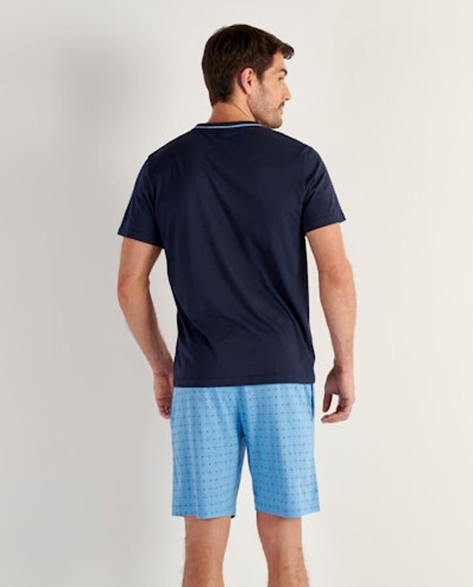 Pijama de Malha Curto de Algodão e modal com Gola em Bico Azul-marinho-2
