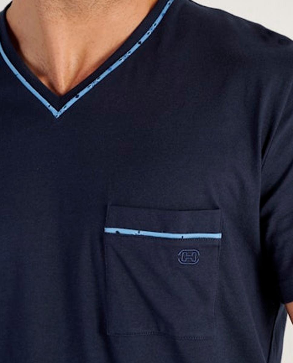 Pijama de Malha Curto de Algodão e modal com Gola em Bico Azul-marinho-3