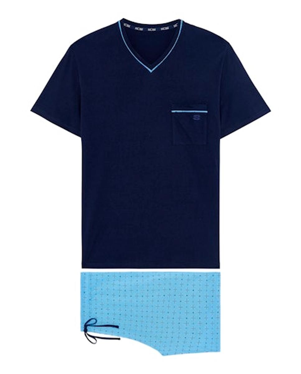 Pijama de Malha Curto de Algodão e modal com Gola em Bico Azul-marinho-5