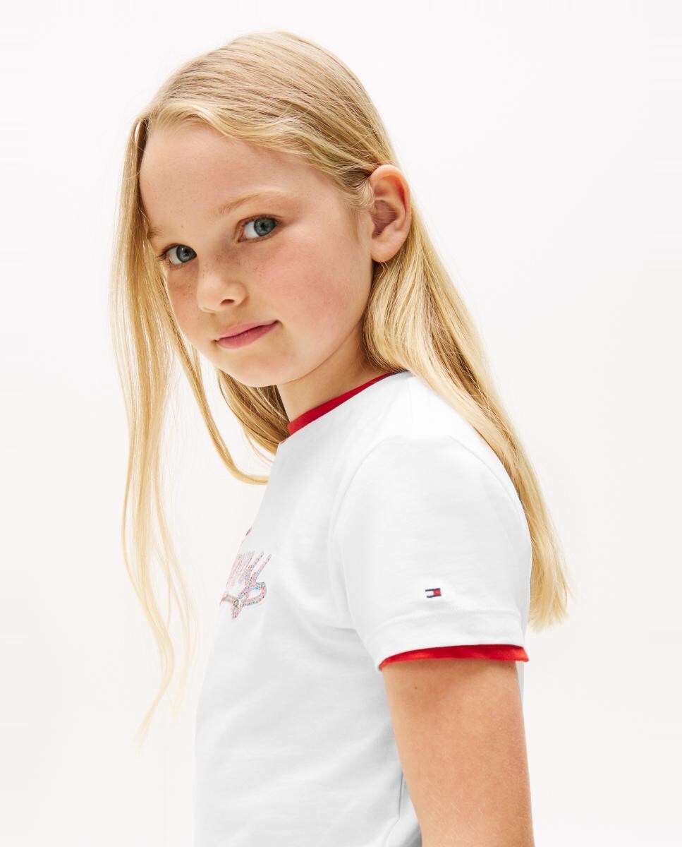 T-shirt de Manga Curta com Logótipo de Lantejoulas à Frente Branco-3