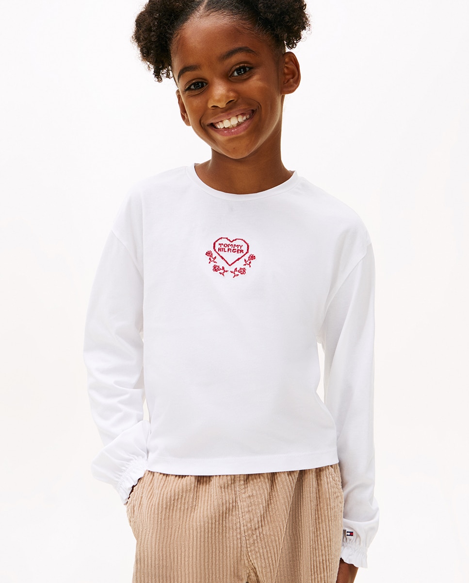 Camisola de Manga Comprida e Logótipo de Coração à Frente Branco-1