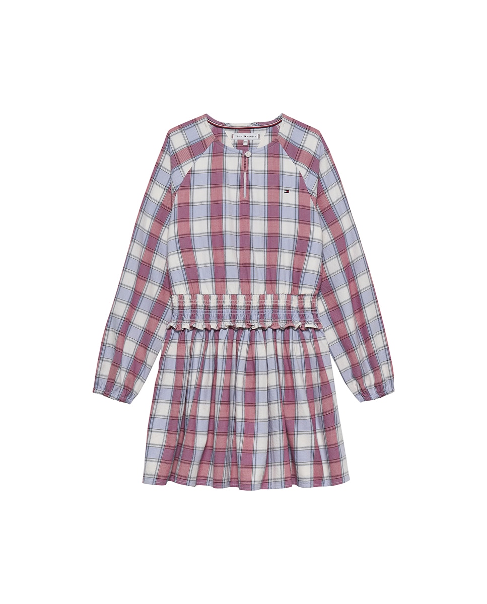 Vestido de Bebé aos Quadrados com Manga Comprida e Franzido na Cintura Tommy Hilfiger Rosa-1