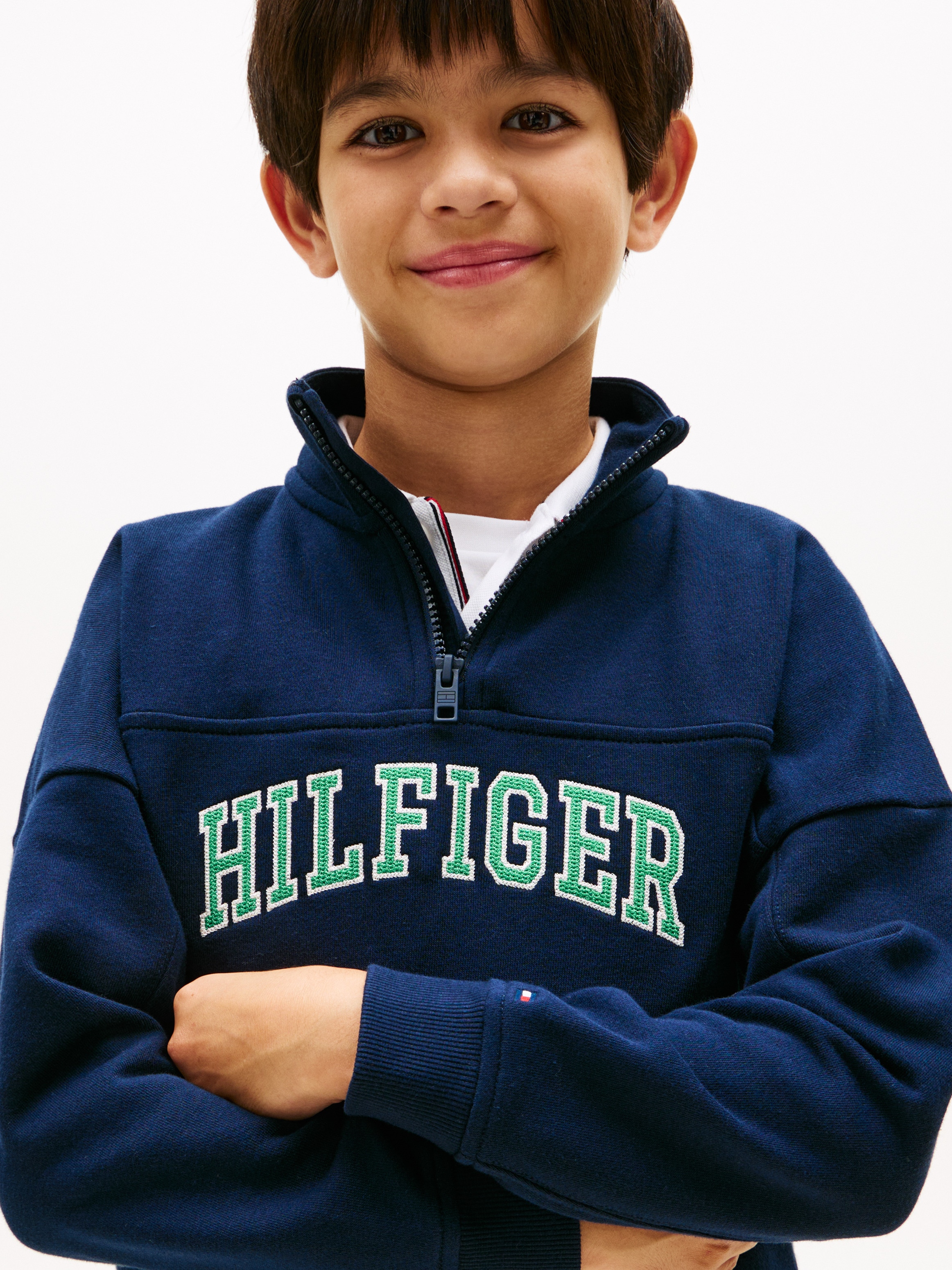 Sweatshirt com Meio Fecho de Correr e Logótipo em Contraste Azul-3